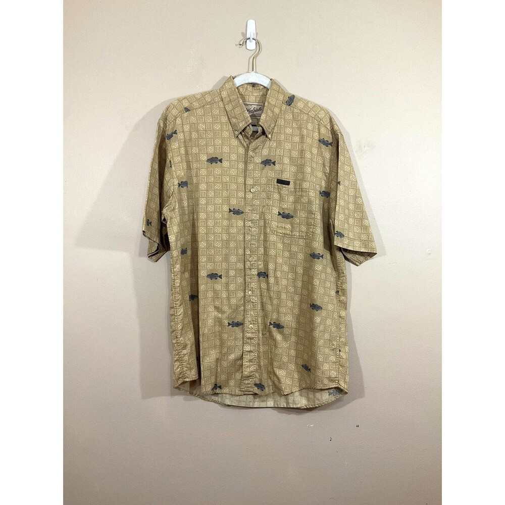 Woolrich Mens Hawaiian Fish Print Button Up Shirt L Biege Retro Dad Fishing 90s